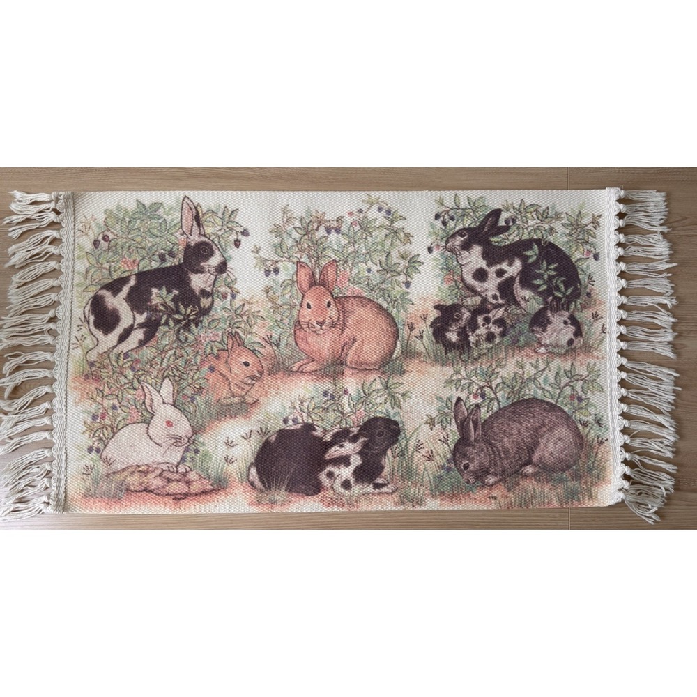 Vintage Bunny Rabbit Woven Accent Rug Non Slip Rubber Back 22x36 Cottage